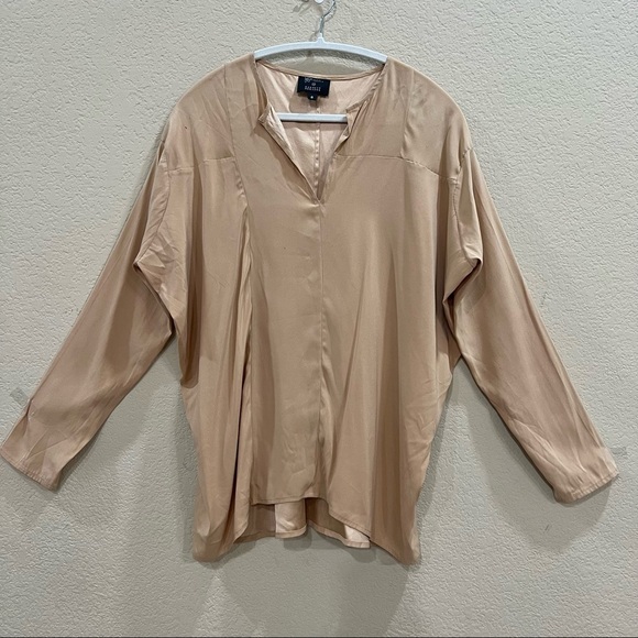 Maria + Cornejo Silk Blouse Womens Sz 8 Gold Brown Oversized Draped Pleated Read - Picture 1 of 9